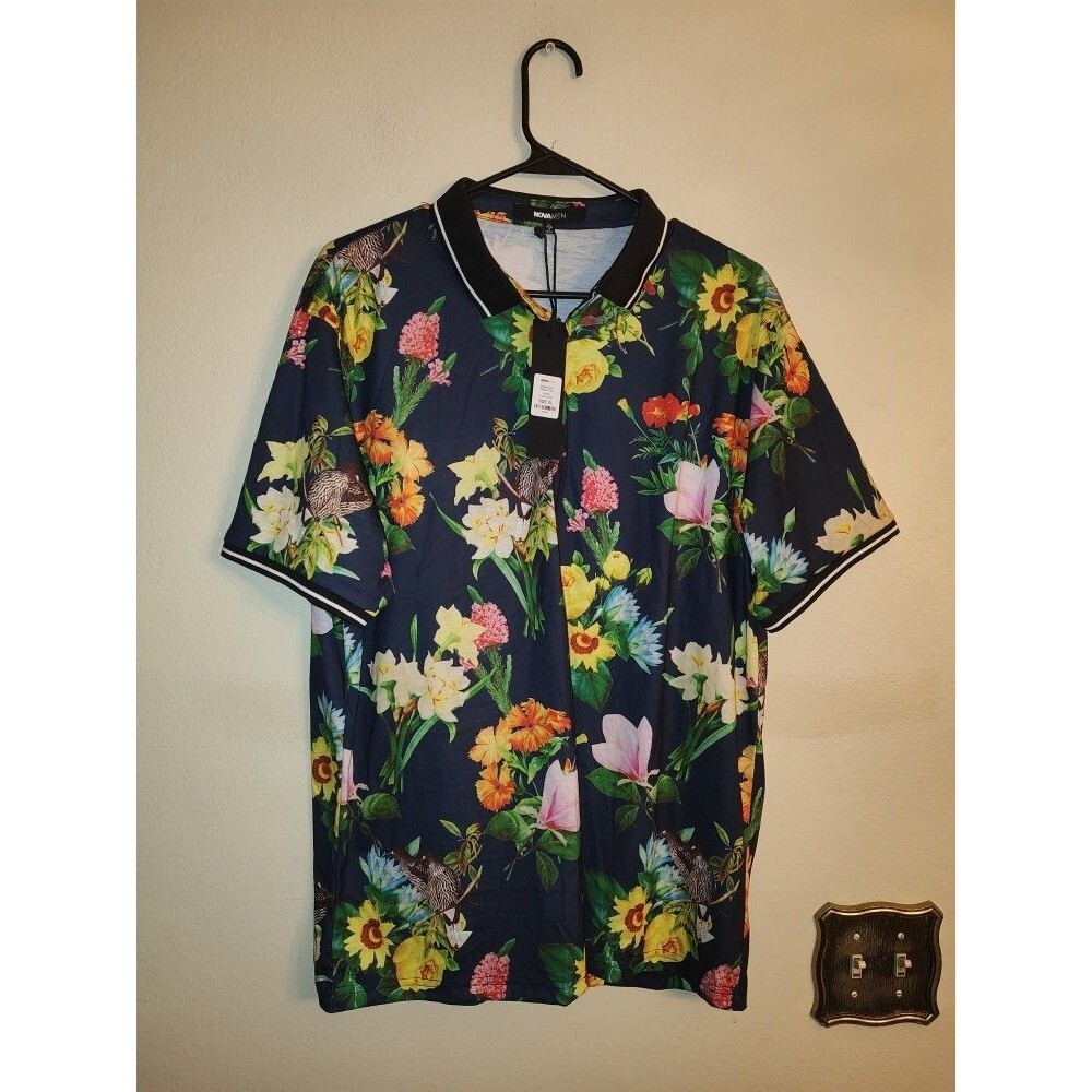 New with tag Men's Fashion Nova Men Colorful Flowers Collared T-Shirt Size XL